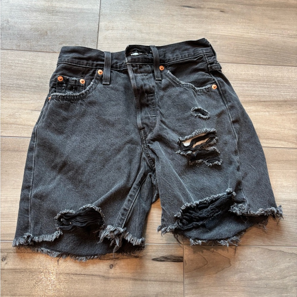 Distressed Black Denim Shorts